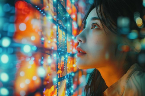 A woman amidst neon lights with colorful reflections and bokeh effect, AI generated