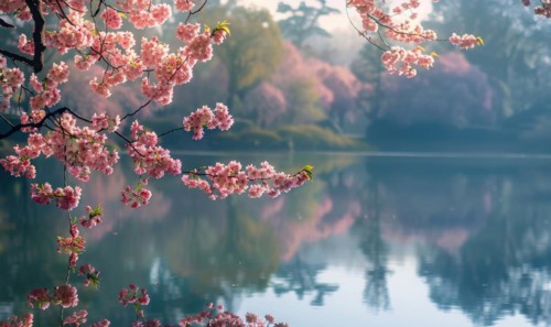 Springtime cherry blossoms in full bloom, cherry blossoms reflected on the calm surface of the lake