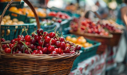 Closeup view of rip cherries selling on city market AI generated