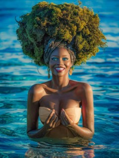 Confident woman in tan swimsuit with moss hair moss growing and thriving, creating a mystical and