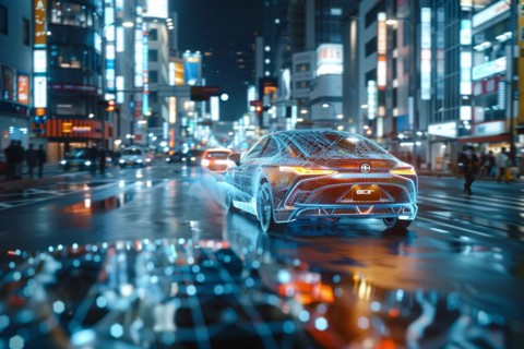 Neon-lit futuristic car driving through a city at night with reflections on wet ground, AI