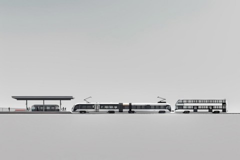 A minimalist urban setting with a tram at a bus stop in monochrome tones, illustration, AI