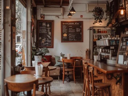 A cozy vintage cafe interior with wooden furniture and warm lighting, coffee shop, Rome, Italy, AI