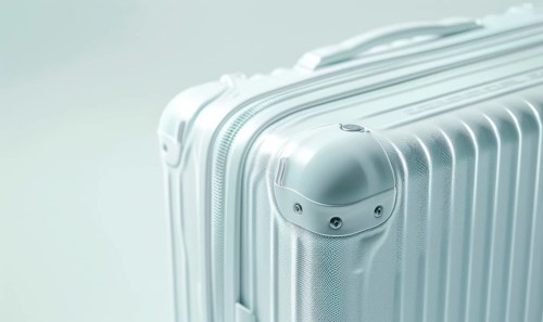 Close-up view of a silver modern suitcase with a focus on its handle and texture AI generated