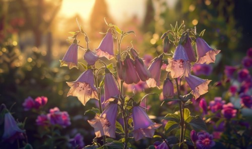 Bellflowers blooming in a cottage garden, closeup view, soft focus AI generated