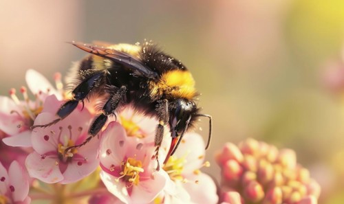 Bumblebee collecting pollen from flowers, closeup view, selective focus AI generated