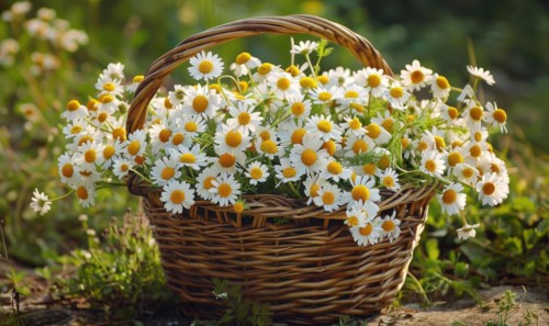 Chamomile flowers in a wicker basket AI generated