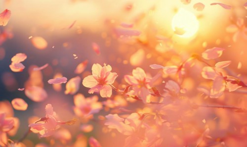 Cherry blossom petals in the breeze, floral background, soft focus, blurred background AI generated