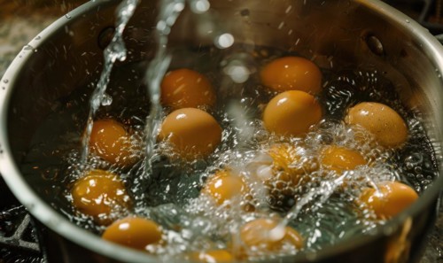 Eggs boiling in a pot of water, closeup view AI generated