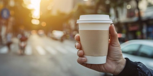 Person's hand holding disposable coffee cup with blurry city in background. KI generiert,