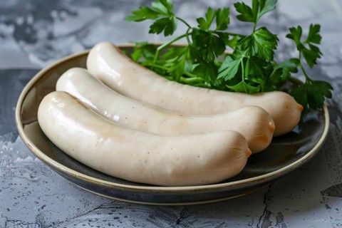 Plate with white 'Weisswurst' sausages, a traditional boiled Bavarian sausage, KI generiert,