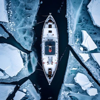 Aerial view of churned ice and open water trailing an icebreaker through pristine icy wilderness,