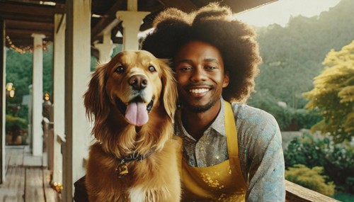 A man and his dog are smiling for the camera. The man is wearing casual the dog is wearing a collar