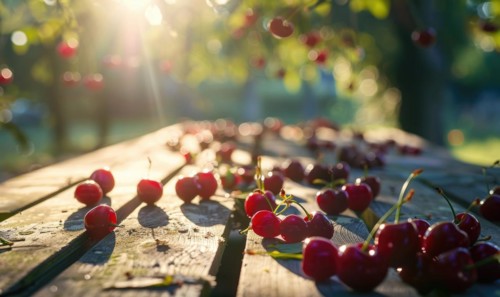 Ripe cherries scattered on a wooden picnic table in the dappled sunlight of a cherry orchard AI