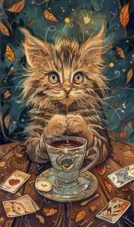 A cat is sitting on a table with a cup of tea and playing cards. The cat appears to be enjoying its