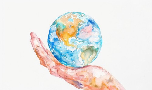Watercolor illustration of a hand holding a globe Earth, white background AI generated