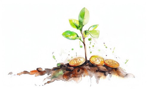 Watercolor illustration of money coins growing on a tree sprout AI generated