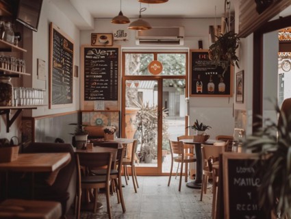 Cozy cafe interior with wooden chairs, menu boards, and a warm, rustic ambiance, coffee shop, Rome,