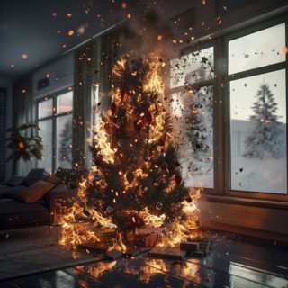 A burning Christmas tree in front of the window with a view of a winter landscape, AI generated