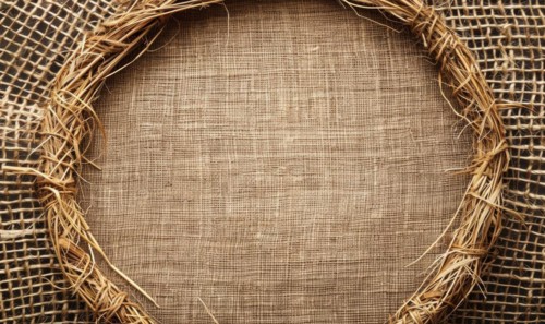 Delicate jute frame on minimalistic natural material, space for text, ecology nature background AI