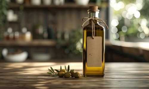 Amber glass bottle mockup containing premium organic oil, beauty care produce background AI