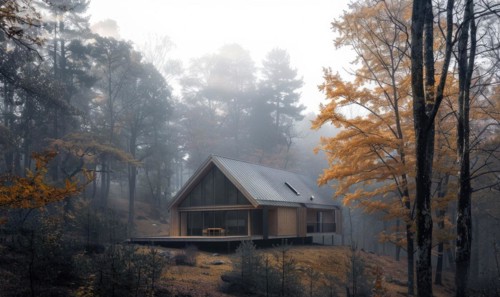 Morning mist enveloping a contemporary wooden cabin hidden deep within a spring garden filled with