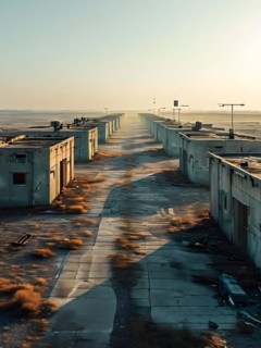 Aerial view of deserted military base featuring empty barracks and abandoned tanks in silent, AI