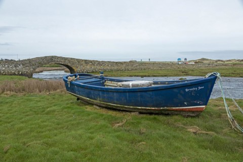 Stone bridge, fishing boat, Aberffraw, Isle of Anglesey, Wales, Great Britain