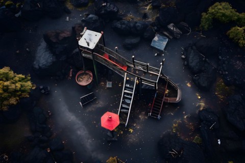 Lava destroying the remnants of a playground swings and slides emerging from hardened lava, AI