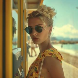 Young woman in summer clothes using a phone box, in the background you can see a beach, AI