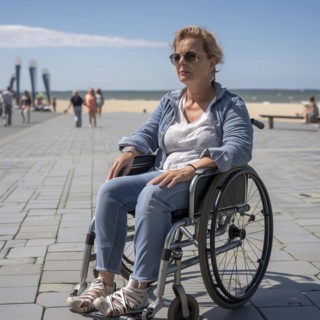 Relaxed middle-aged woman enjoying the sea breeze in a wheelchair, KI generated, AI generated