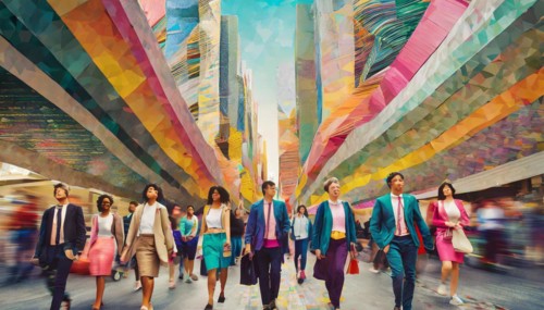Abstract and colorful artwork of people intersecting on pathways in a dynamic cityscape, low poly