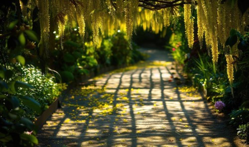 Laburnum flowers casting dappled shadows on a garden path AI generated