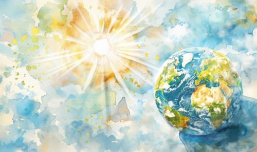 Watercolor illustration of the Earth globe with clouds and sun rays in the background AI generated