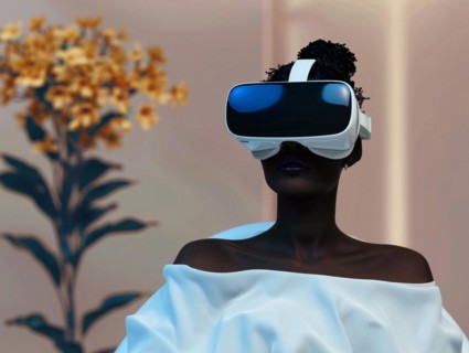 A woman with modern attire in a pose with VR headset, blue and white tones dominating, AI generated