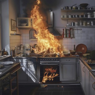 A wall of flames engulfs the kitchen equipment in a devastating fire, AI generated