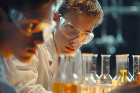 Pupils experimenting in a classroom with safety goggles, chemistry lessons, AI generated, AI