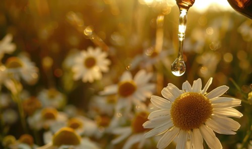 Chamomile essential oil and chamomile flowers closeup, skin care cosmetic concept AI generated