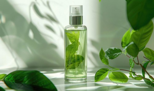 Transparent glass bottle mockup containing a rejuvenating green tea facial mist with a refreshing