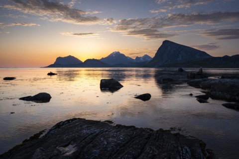 Landscape on the Lofoten Islands. View from Flakstadoya to Vestvagoya with the snow-covered