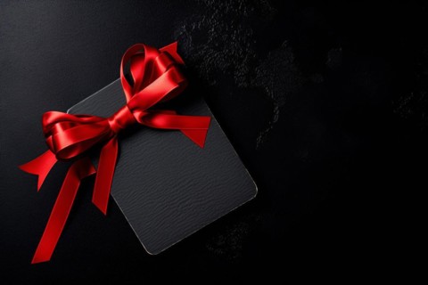 Black empty label with red ribbon. KI generiert, generiert, AI generated