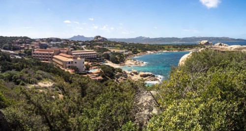 Bay and hotel complex, Baja Sardinia, Costa Smeralda, Sardinia, Italy, Europe