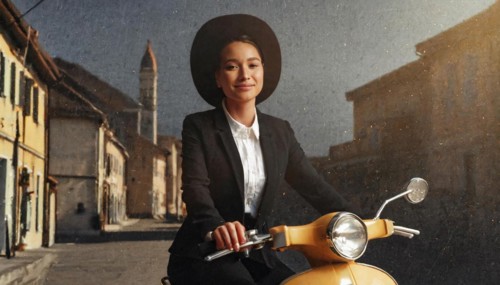 Tranquil woman riding a scooter at dusk in a historic town, wearing a hat, blurry moody landscaped