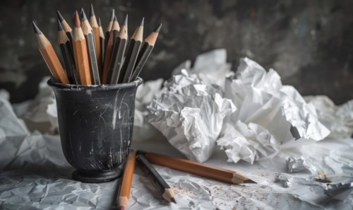 Graphite pencils arranged in a cup on a desk, surrounded by crumpled sheets of discarded white