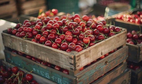 Ripe cherries displayed in a vintage fruit crate at a country fair AI generated