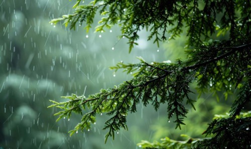 Closeup view on cedar branch in rain drops, bokeh background AI generated