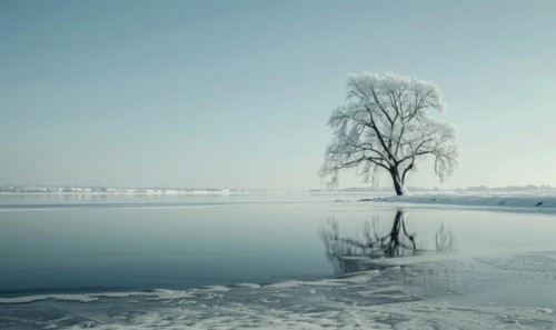 A solitary tree standing on the frozen shore of a lake AI generated