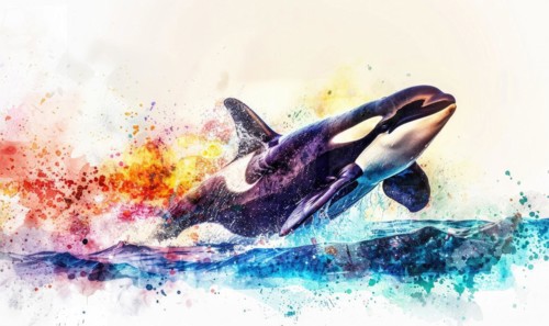 A watercolor depiction of an orca whale breaching the surface against a backdrop of vibrant ocean