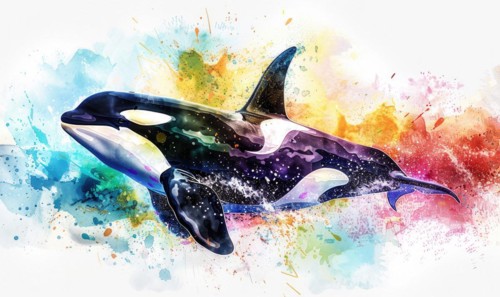 A watercolor depiction of an orca whale breaching the surface against a backdrop of vibrant ocean