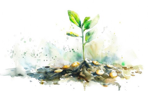 Watercolor illustration of a tree sprout with coins around it AI generated